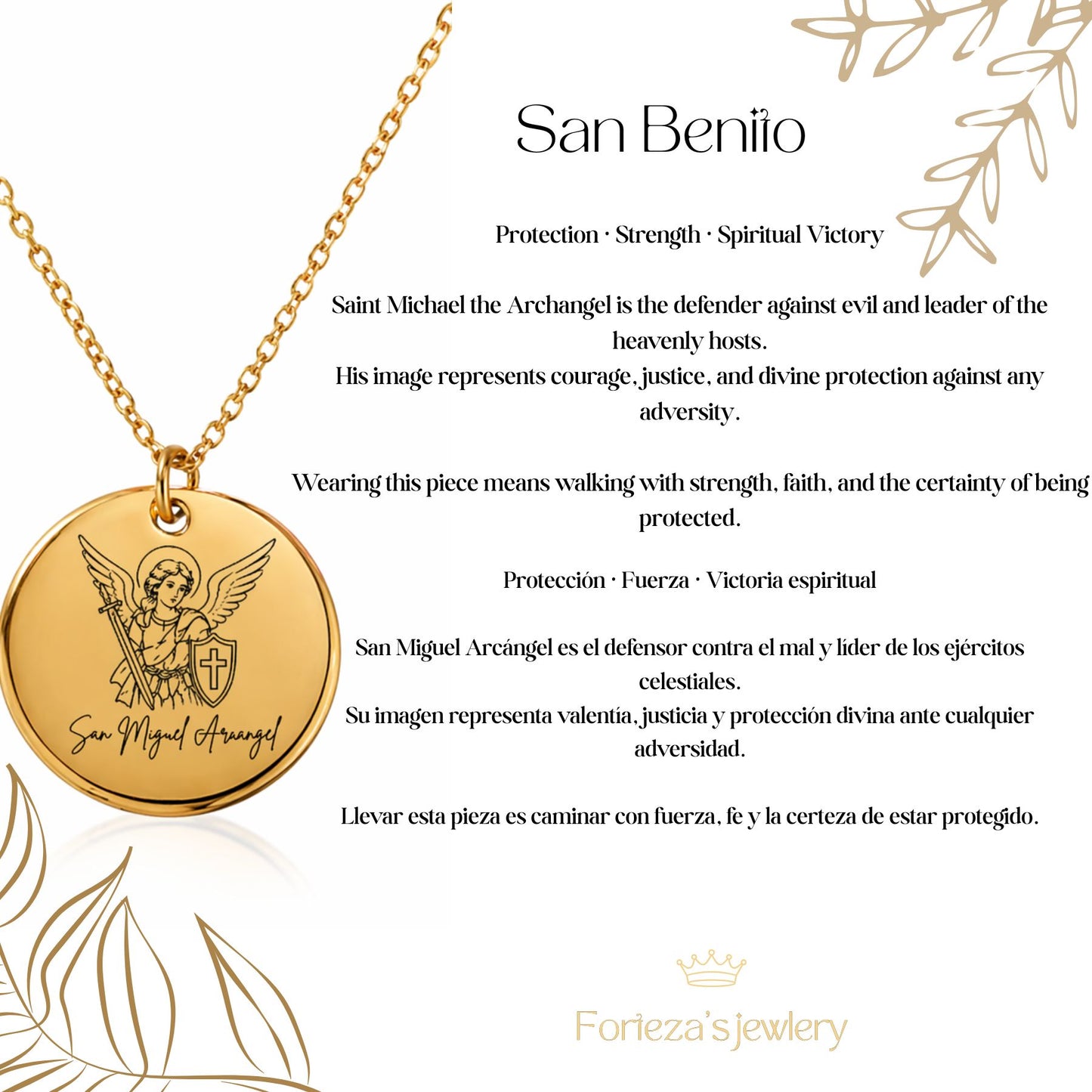 San Miguel Archangel Necklace – Gold Engraved Religious Pendant | Protection Jewelry