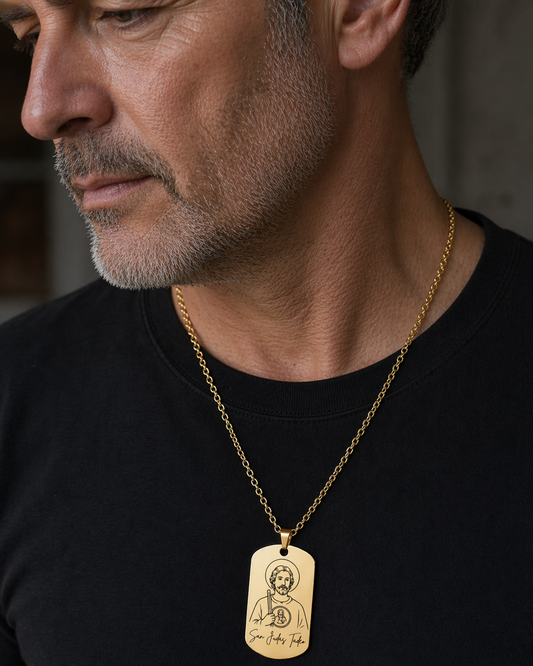 San Judas Tadeo Necklace for Men – Gold Dog Tag Pendant | Catholic Religious Jewelry
