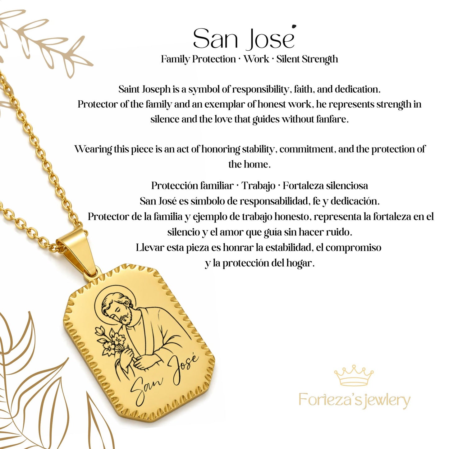 San Jose Necklace in Gold Stainless Steel – Engraved Religious Pendant | Waterproof & Hypoallergenic