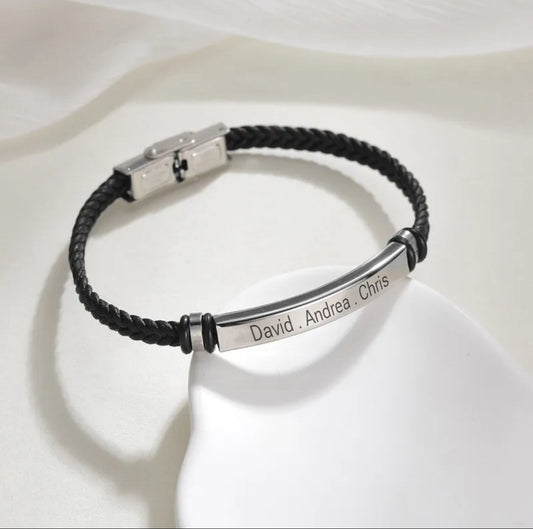 Men's black leather and metal bracelet