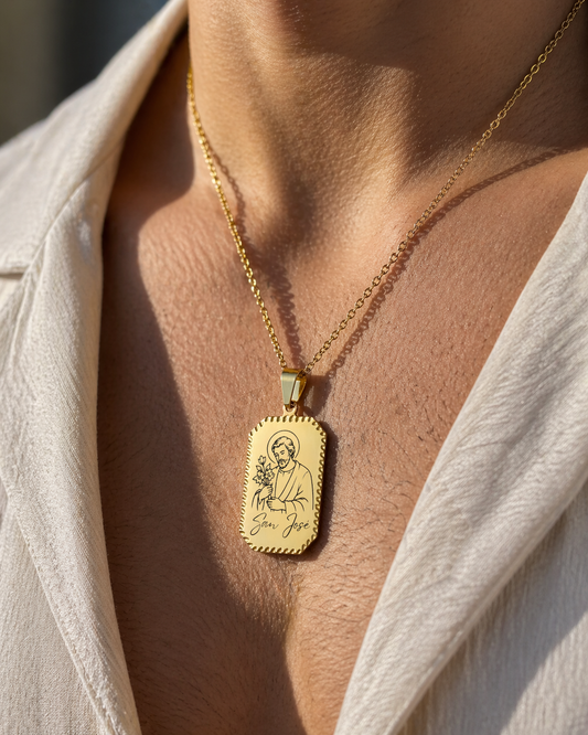 San Jose Necklace in Gold Stainless Steel – Engraved Religious Pendant | Waterproof & Hypoallergenic