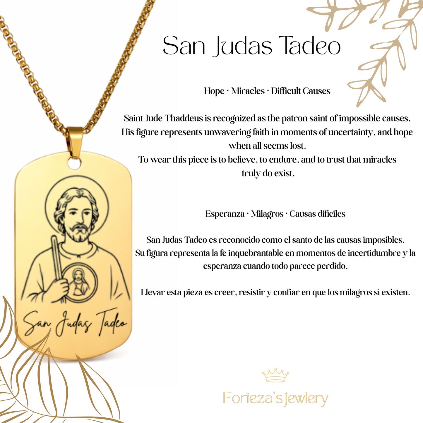 San Judas Tadeo Necklace for Men – Gold Dog Tag Pendant | Catholic Religious Jewelry