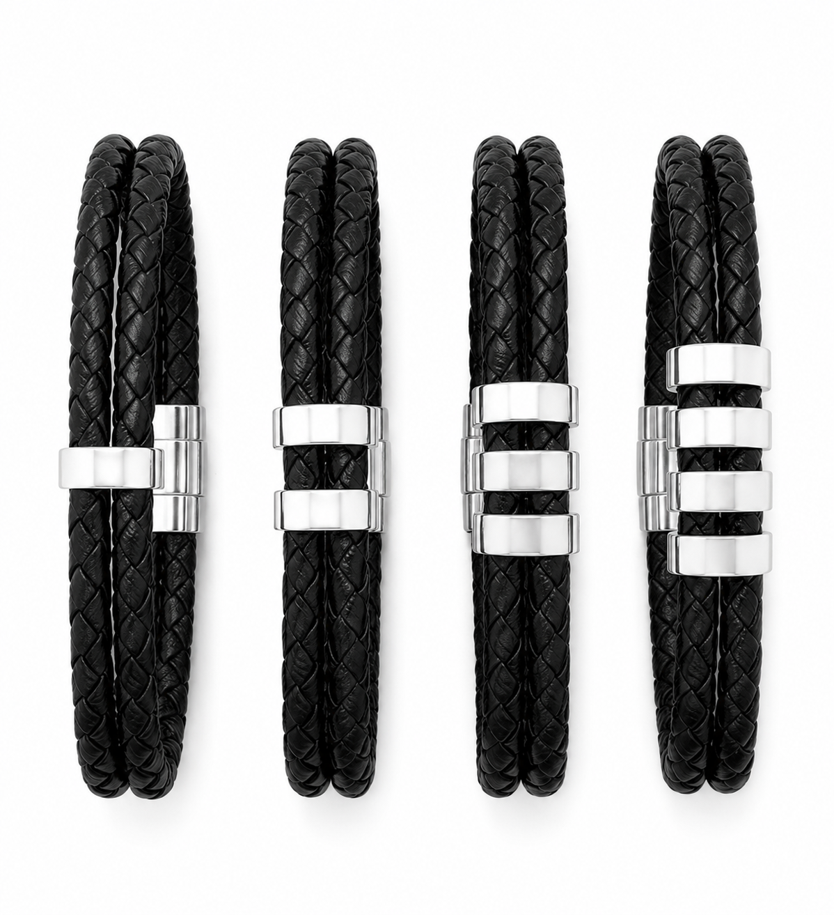Personalized Men’s Braided Leather Bracelet with Silver Stainless Steel Rings