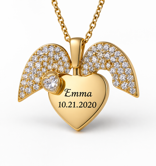 Personalized Gold Heart Necklace with Wings – Custom Name & Date Engraved Jewelry
