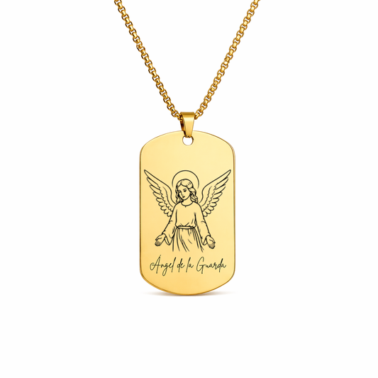 Angel de la Guardia  Necklace in Stainless Steel – Engraved Religious Dog Tag Pendant | Waterproof & Hypoallergenic