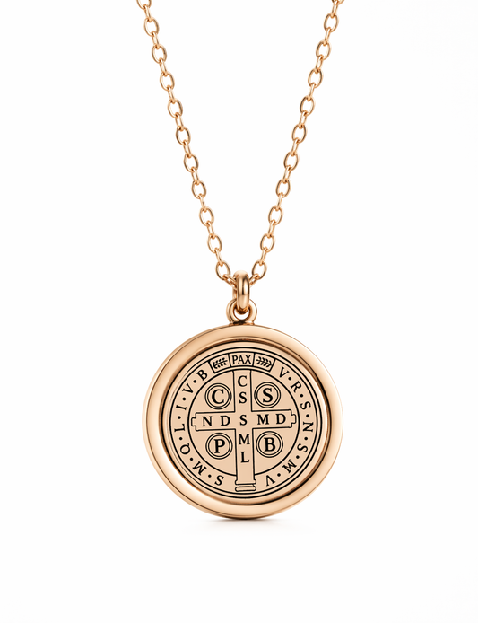 San Benito Medal Necklace – Gold Religious Protection Pendant for Women | Stainless Steel