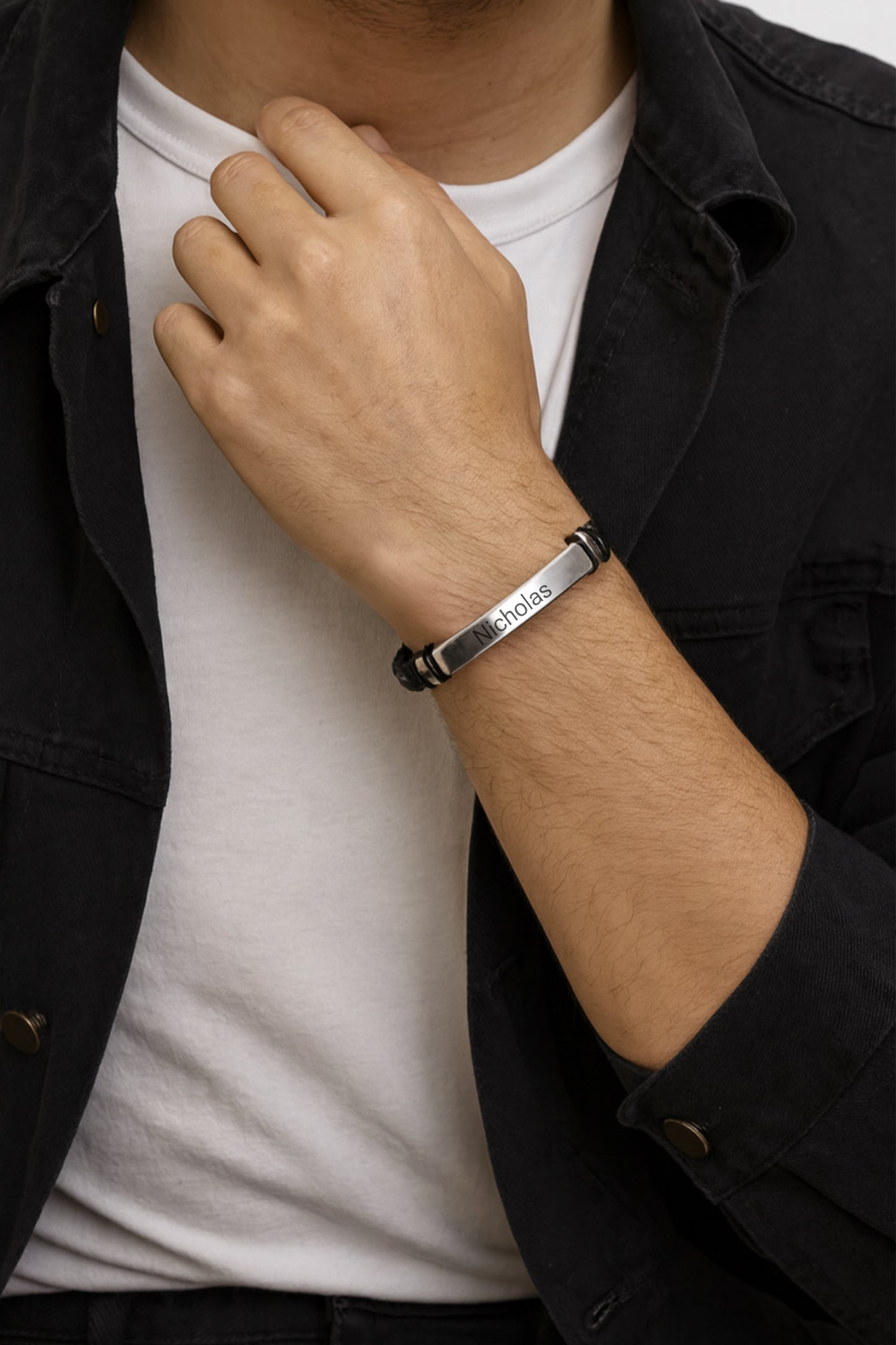 Men's black leather and metal bracelet