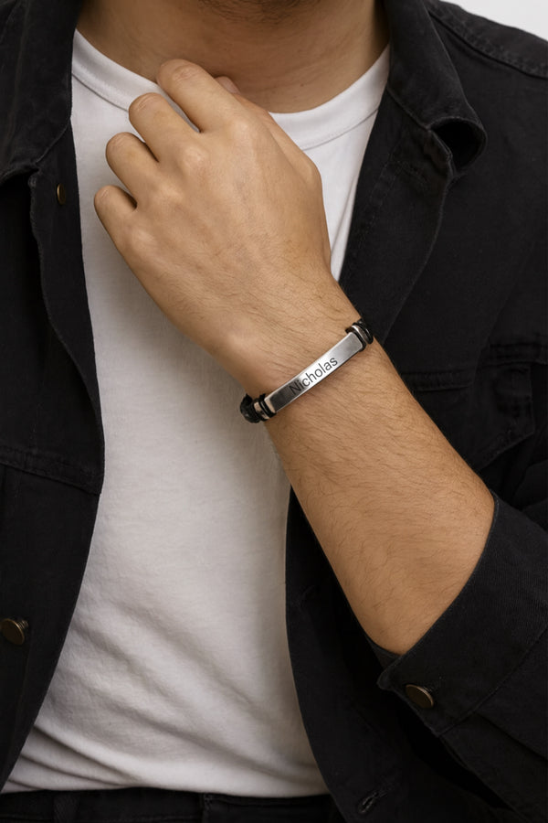 Men’s Black Leather and Metal Bracelet | Engraved Gift for Him