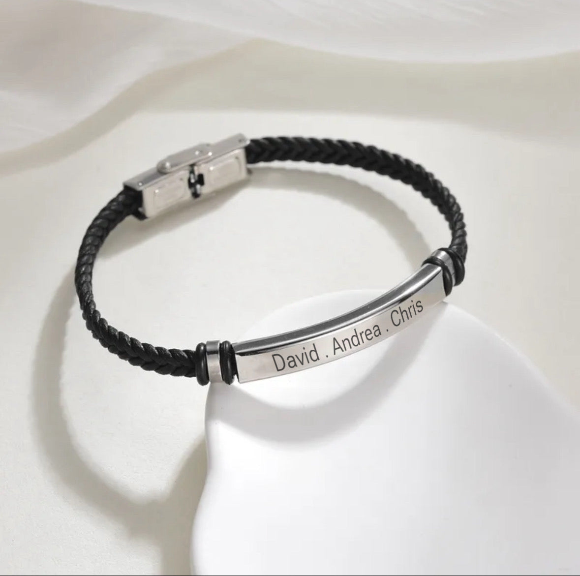 Men's black leather and metal bracelet