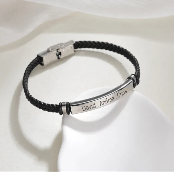 Men’s Black Leather and Metal Bracelet | Engraved Gift for Him