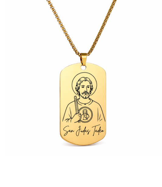 San Judas Tadeo Necklace for Men – Gold Dog Tag Pendant | Catholic Religious Jewelry