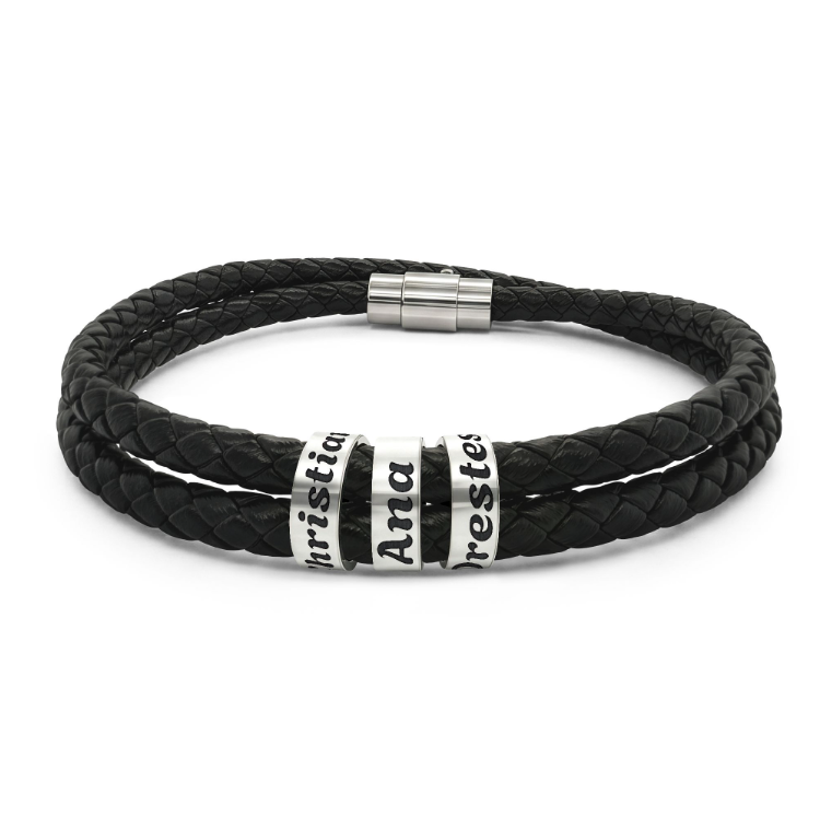 Personalized Men’s Braided Leather Bracelet with Silver Stainless Steel Rings