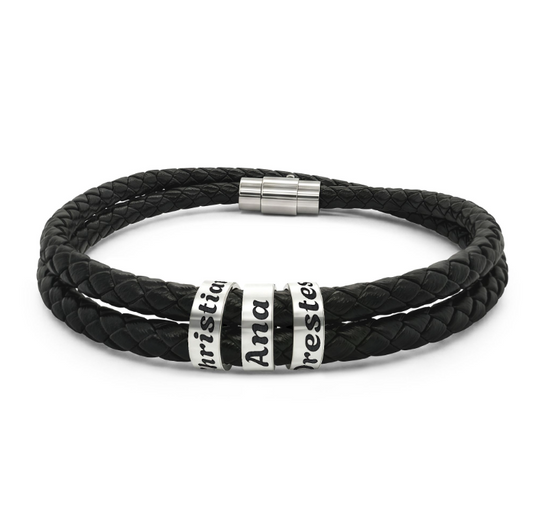 Personalized Men’s Braided Leather Bracelet with Silver Stainless Steel Rings