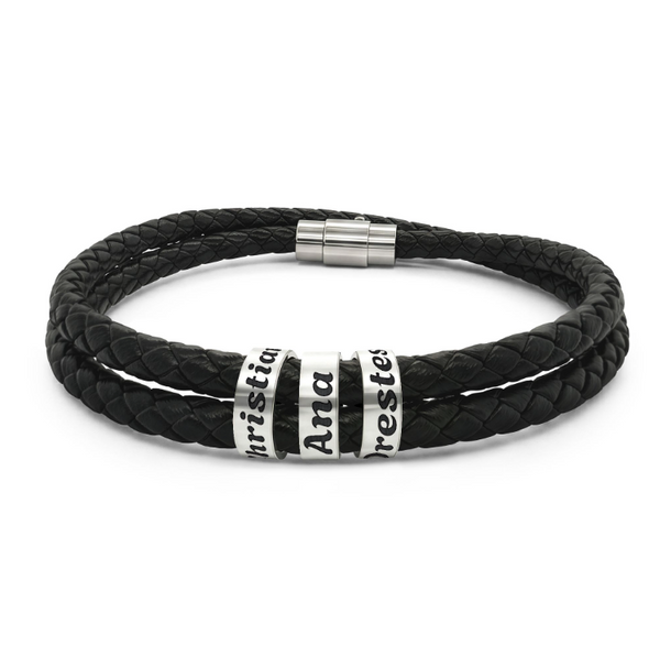 Personalized Men’s Braided Leather Bracelet with Silver Stainless Steel Rings