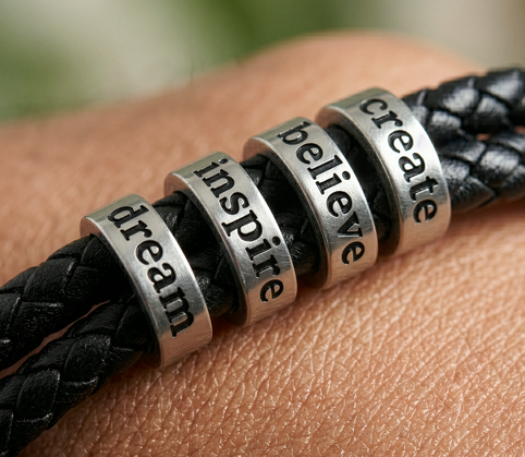 Personalized Men’s Braided Leather Bracelet with Silver Stainless Steel Rings