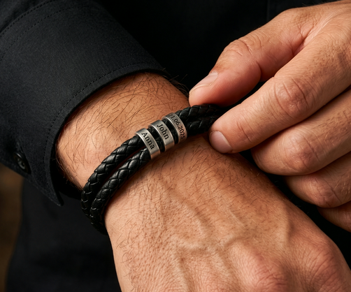 Personalized Men’s Braided Leather Bracelet with Silver Stainless Steel Rings