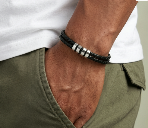 Personalized Men’s Braided Leather Bracelet with Silver Stainless Steel Rings