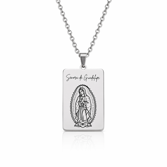 Senora de Guadalupe Necklace in Stainless Steel – Engraved Religious Pendant | Waterproof & Hypoallergenic