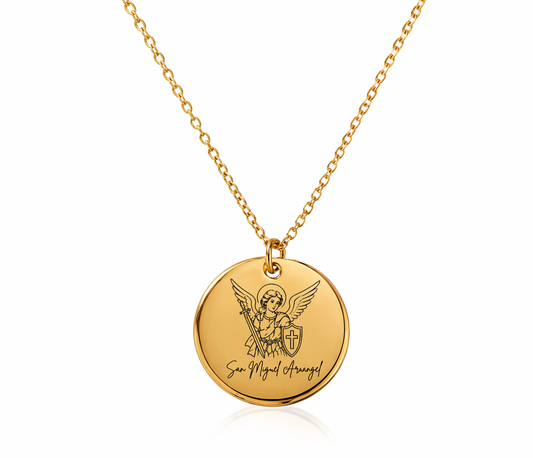 San Miguel Archangel Necklace – Gold Engraved Religious Pendant | Protection Jewelry